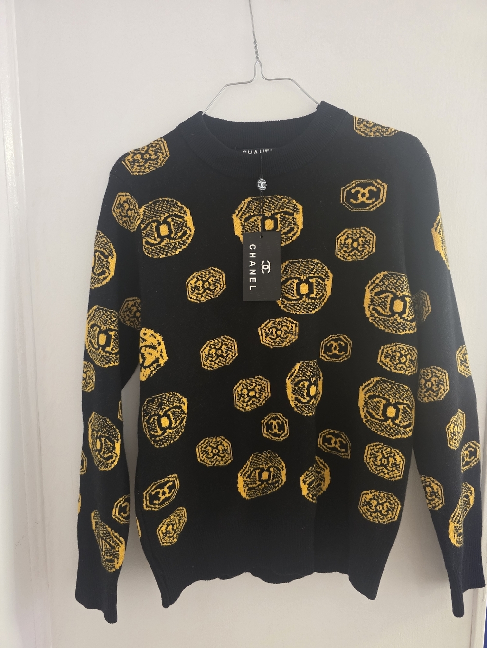 CHANEL Black Crewneck Sweater with Yellow Logo Motifs W Tag